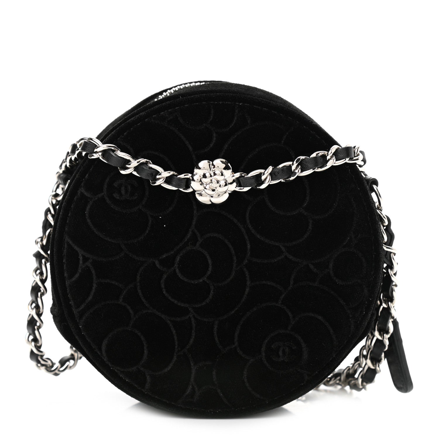 Chanel Velvet Camellia Round Clutch With Chain Black 1 of 9