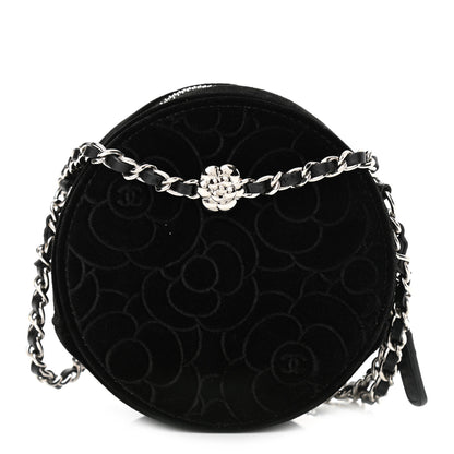 Chanel Velvet Camellia Round Clutch With Chain Black 1 of 9