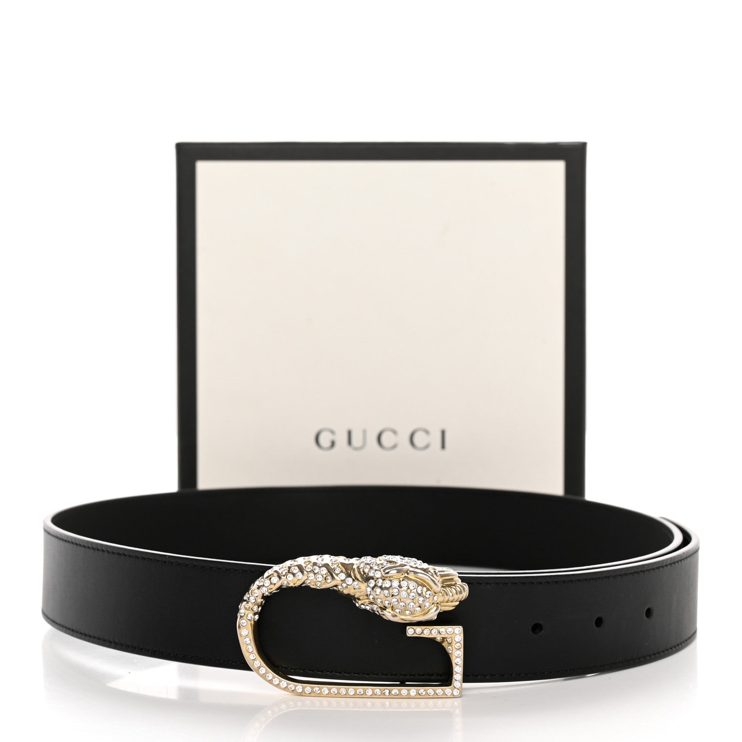 Gucci Moon Calfskin Crystal Tiger Head G Buckle 35mm Belt 85 34 Black 11 of 11