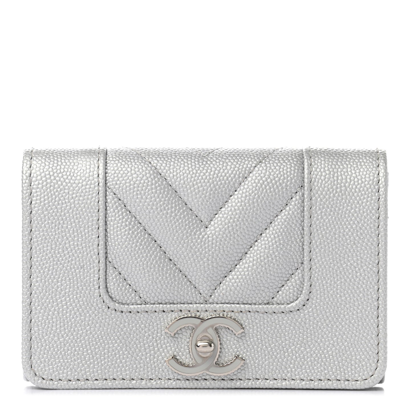 Metallic Caviar Chevron Quilted Vintage Mademoiselle Flap Card Holder Silver