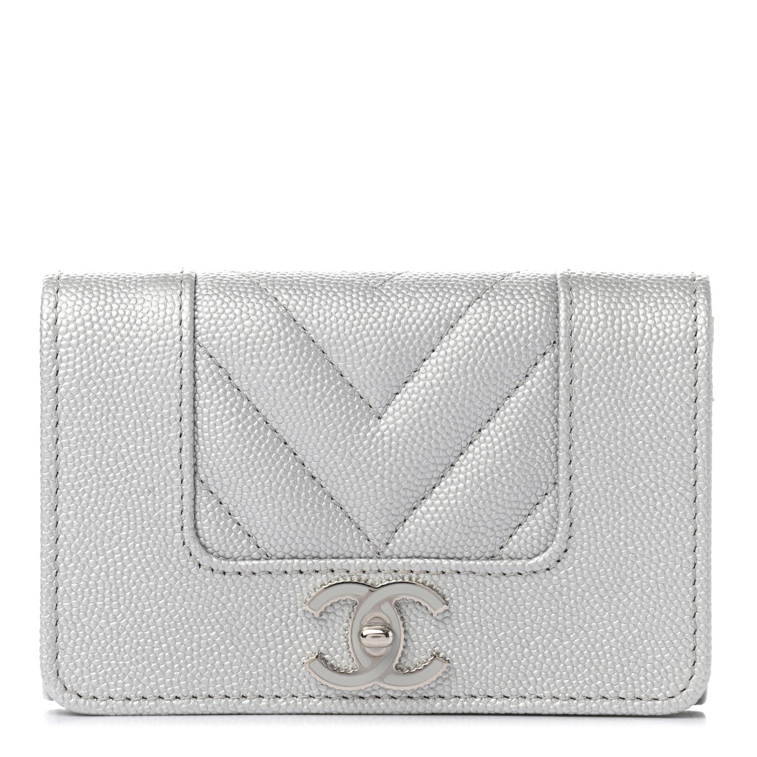 Chanel Metallic Caviar Chevron Quilted Vintage Mademoiselle Flap Card Holder Silver 2 of 17