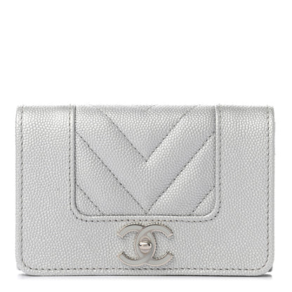 Chanel Metallic Caviar Chevron Quilted Vintage Mademoiselle Flap Card Holder Silver 2 of 17