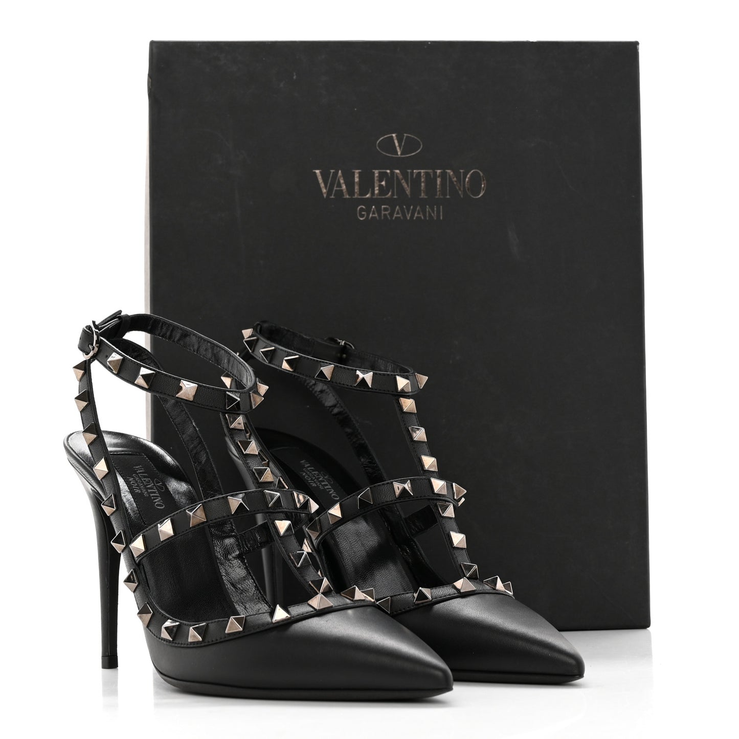 Calfskin Nappa Rockstud Ankle Strap 100mm Pumps 38 Black
