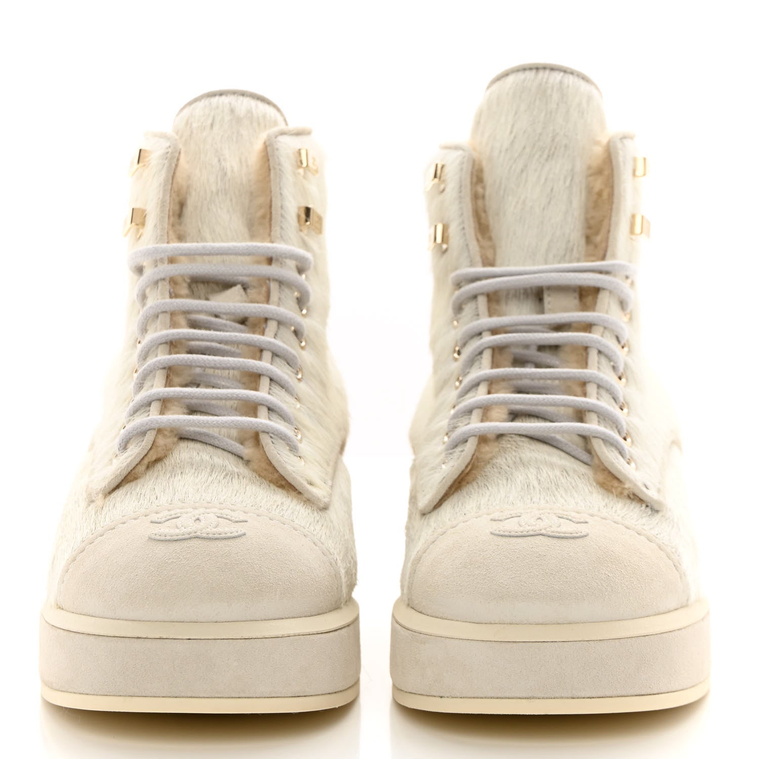 Chanel Suede Pony Hair Shearling Lace Up Combat Boots 40 White 2 of 11