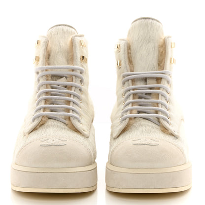 Chanel Suede Pony Hair Shearling Lace Up Combat Boots 40 White 2 of 11