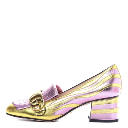 Gucci Metallic Nappa Inlay GG Marmont Fringe 50mm Loafer Pumps 36.5 Oro Vecchio Rosa 1 of 12
