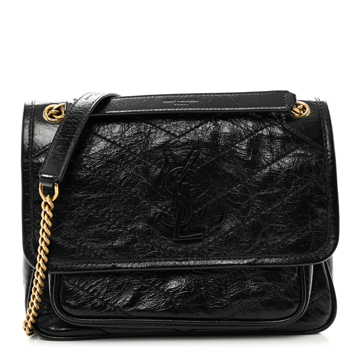 Crinkled Calfskin Matelasse Monogram Baby Niki Chain Satchel Black