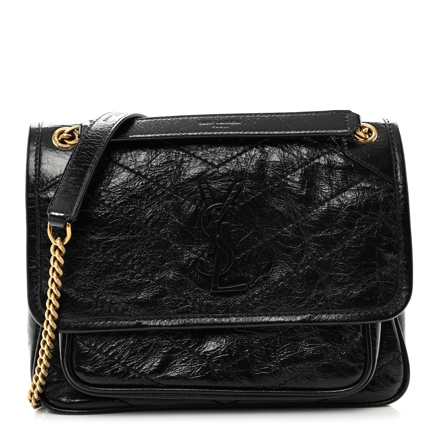 Saint Laurent Crinkled Calfskin Matelasse Monogram Baby Niki Chain Satchel Black 1 of 9