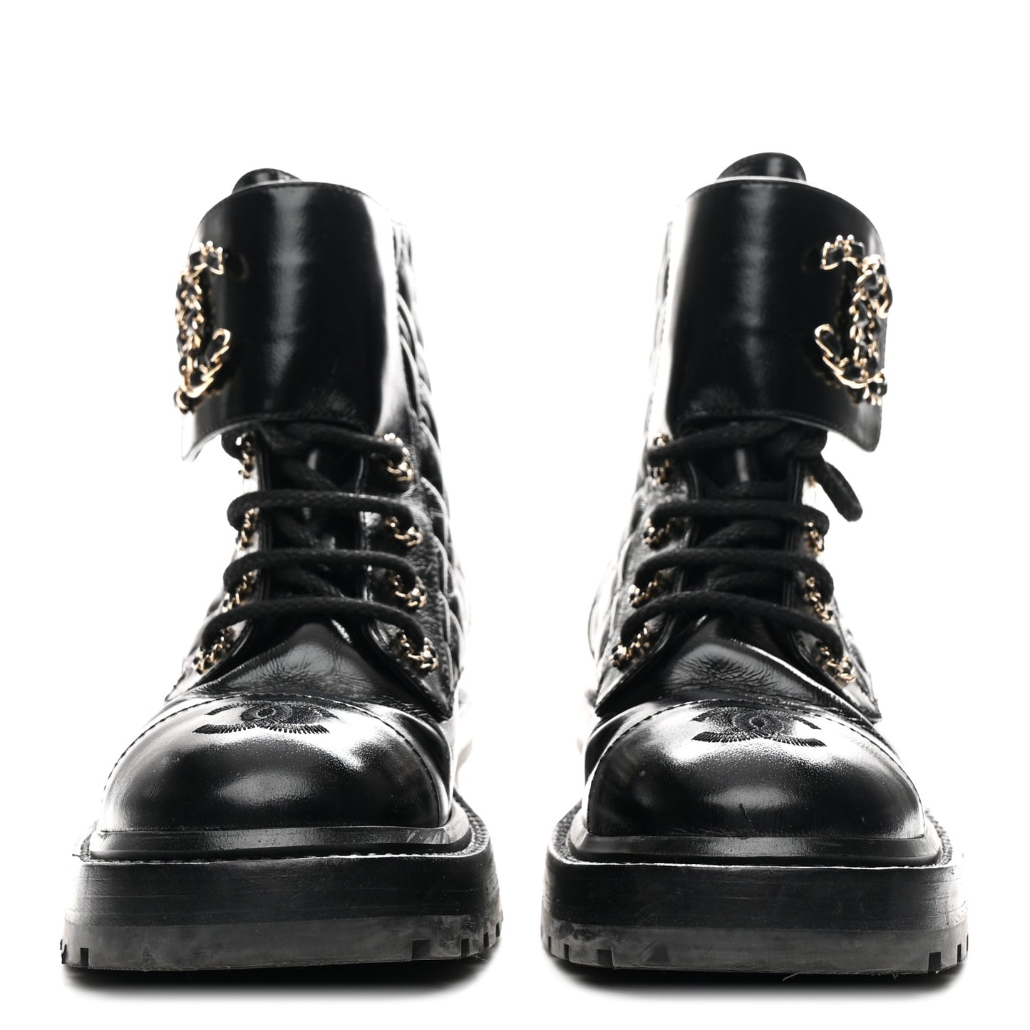 Shiny Calfskin Quilted Lace Up Combat Boots 36 Black