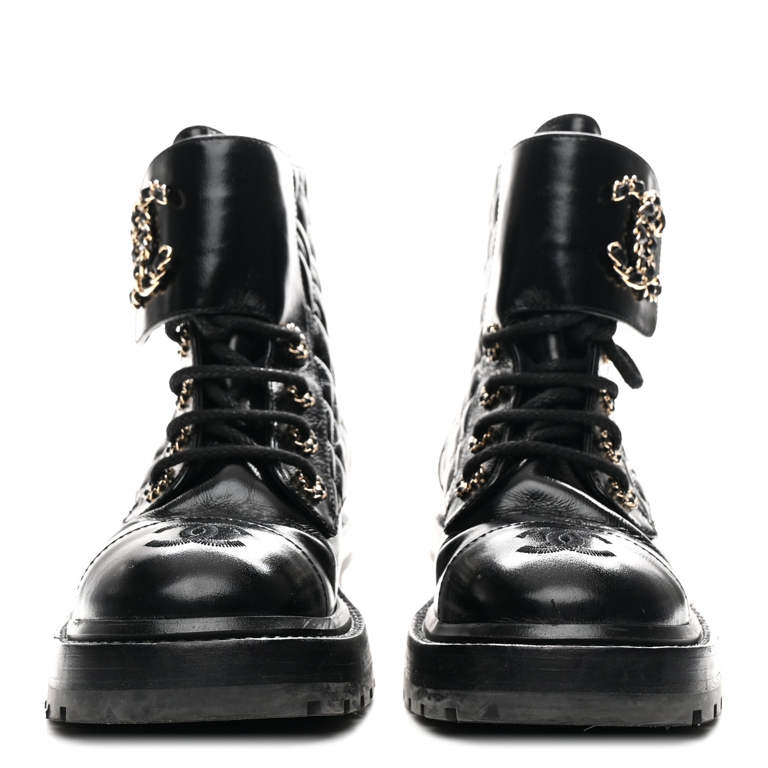 Chanel Shiny Calfskin Quilted Lace Up Combat Boots 36 Black 3 of 10