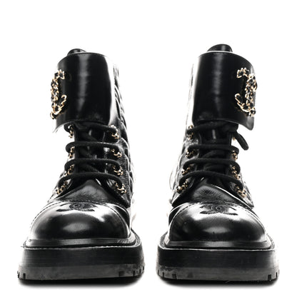 Chanel Shiny Calfskin Quilted Lace Up Combat Boots 36 Black 3 of 10