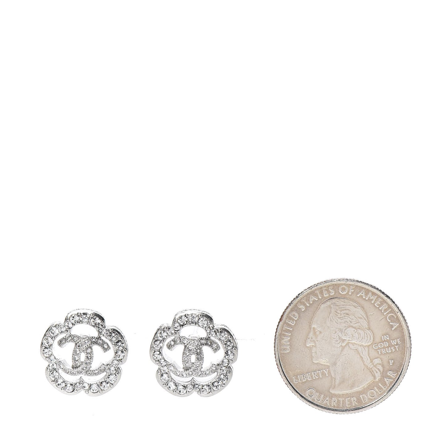 Crystal Coco Flapper Camellia CC Stud Earrings Silver