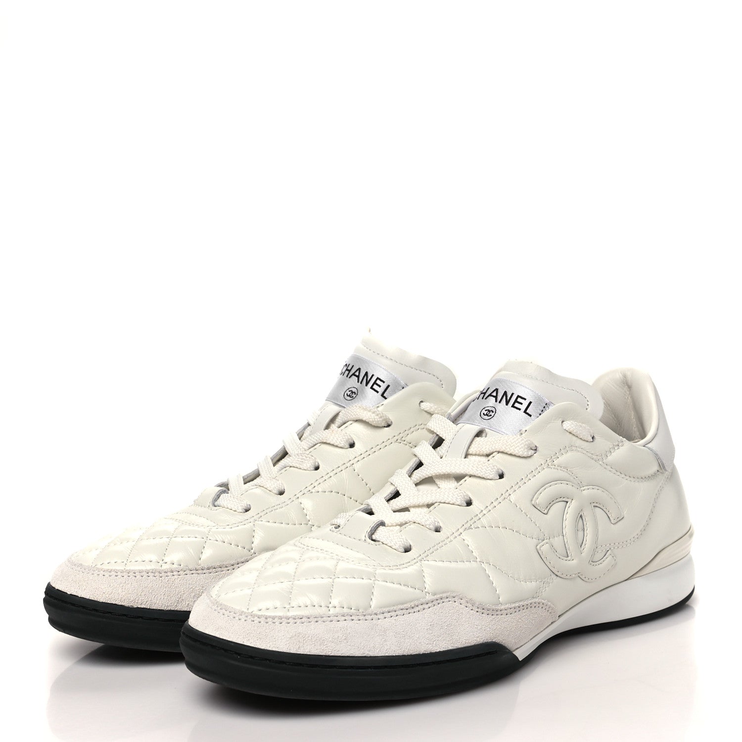 Chanel Shiny Calfskin Suede Quilted CC Logo Sneakers 40 White 4 of 10