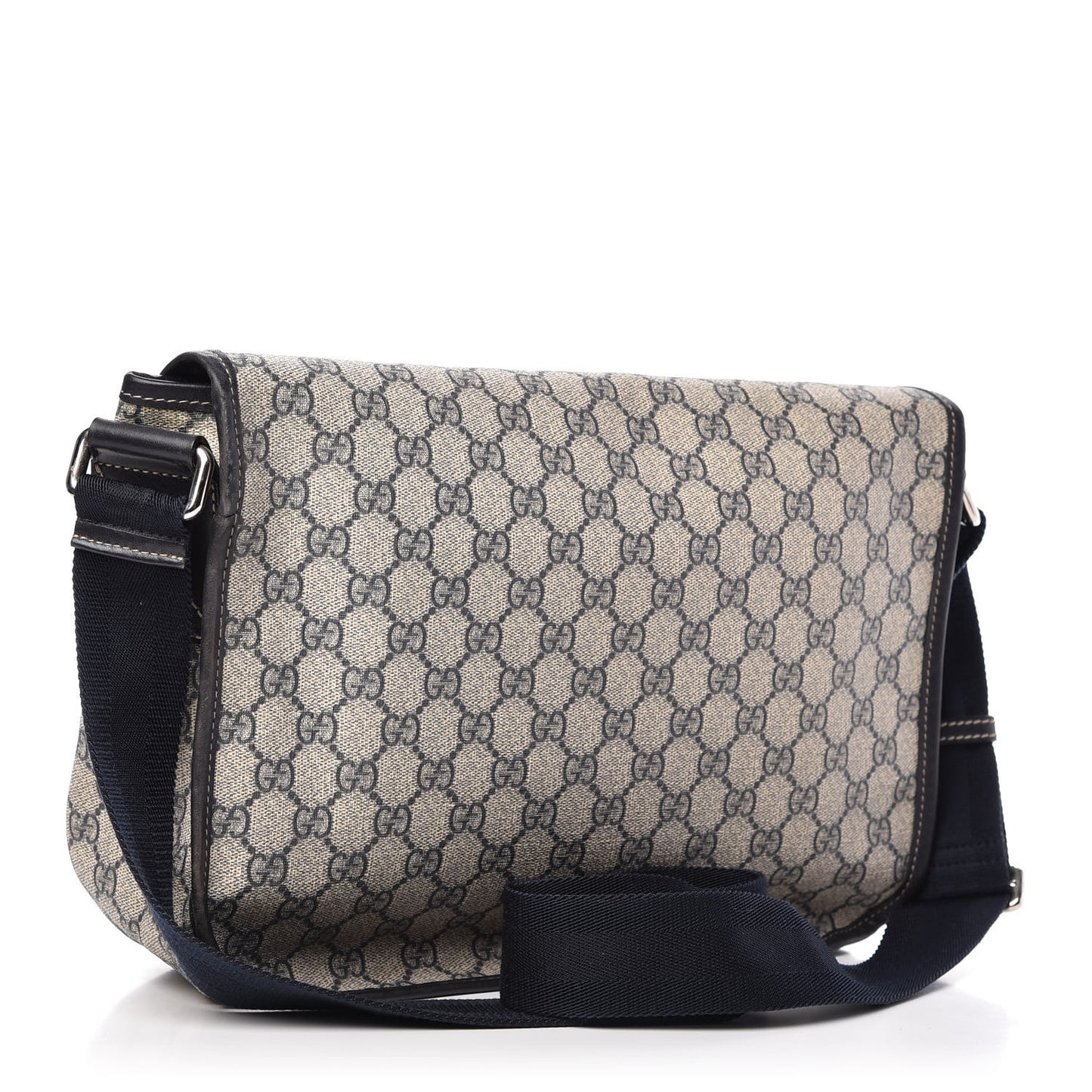 GG Plus Monogram Medium Double Buckle Flap Messenger Bag Beige Navy