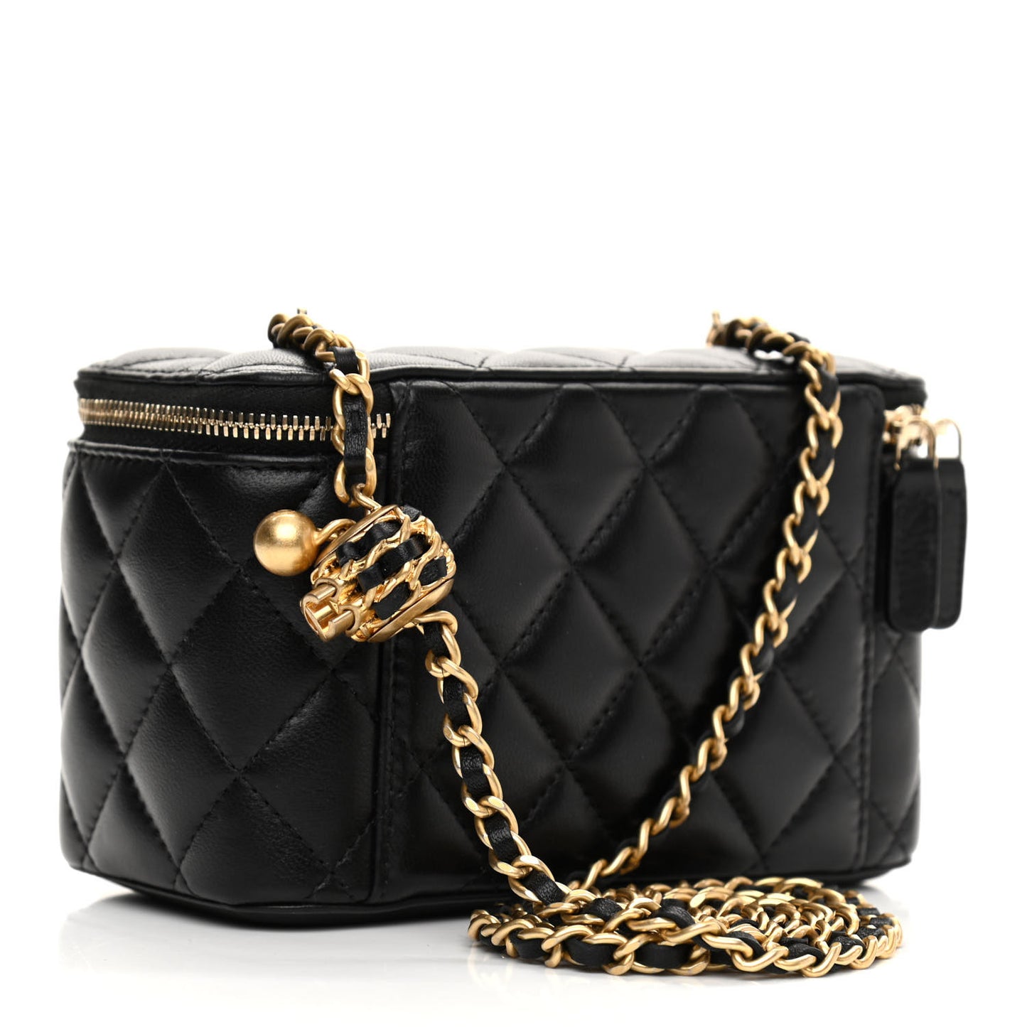 Lambskin Quilted Small Pearl Crush Vanity Case With Chain Black