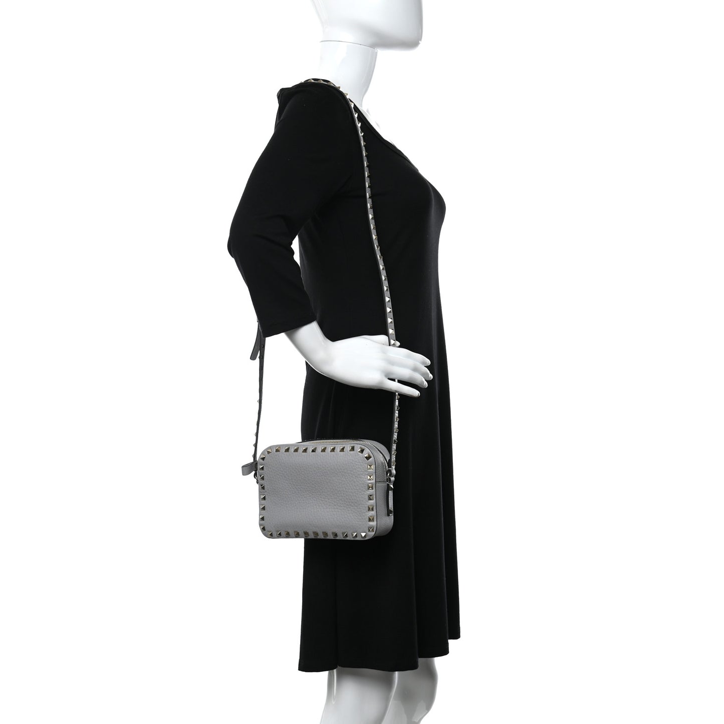 Pebbled Calfskin Rockstud Camera Crossbody Bag Grey