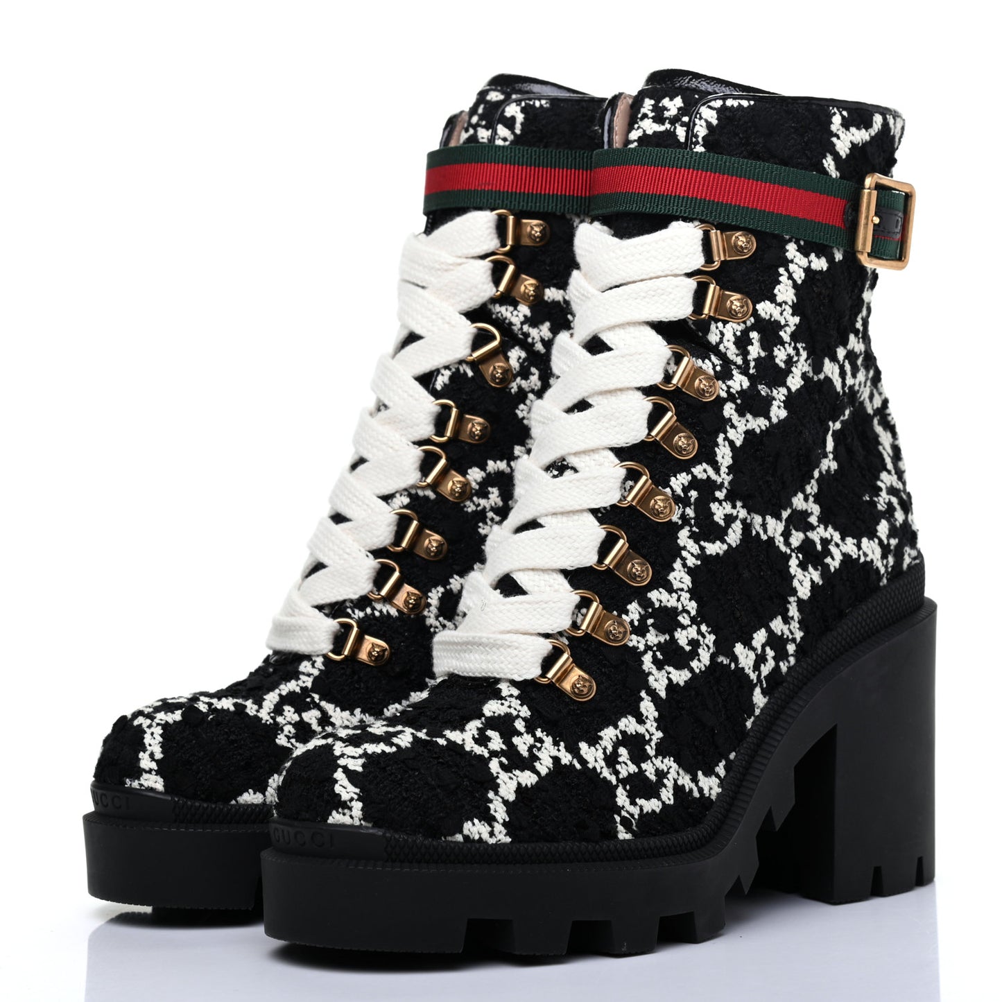 Tweed GG Monogram Lace Up Combat Ankle Boots 37 Black
