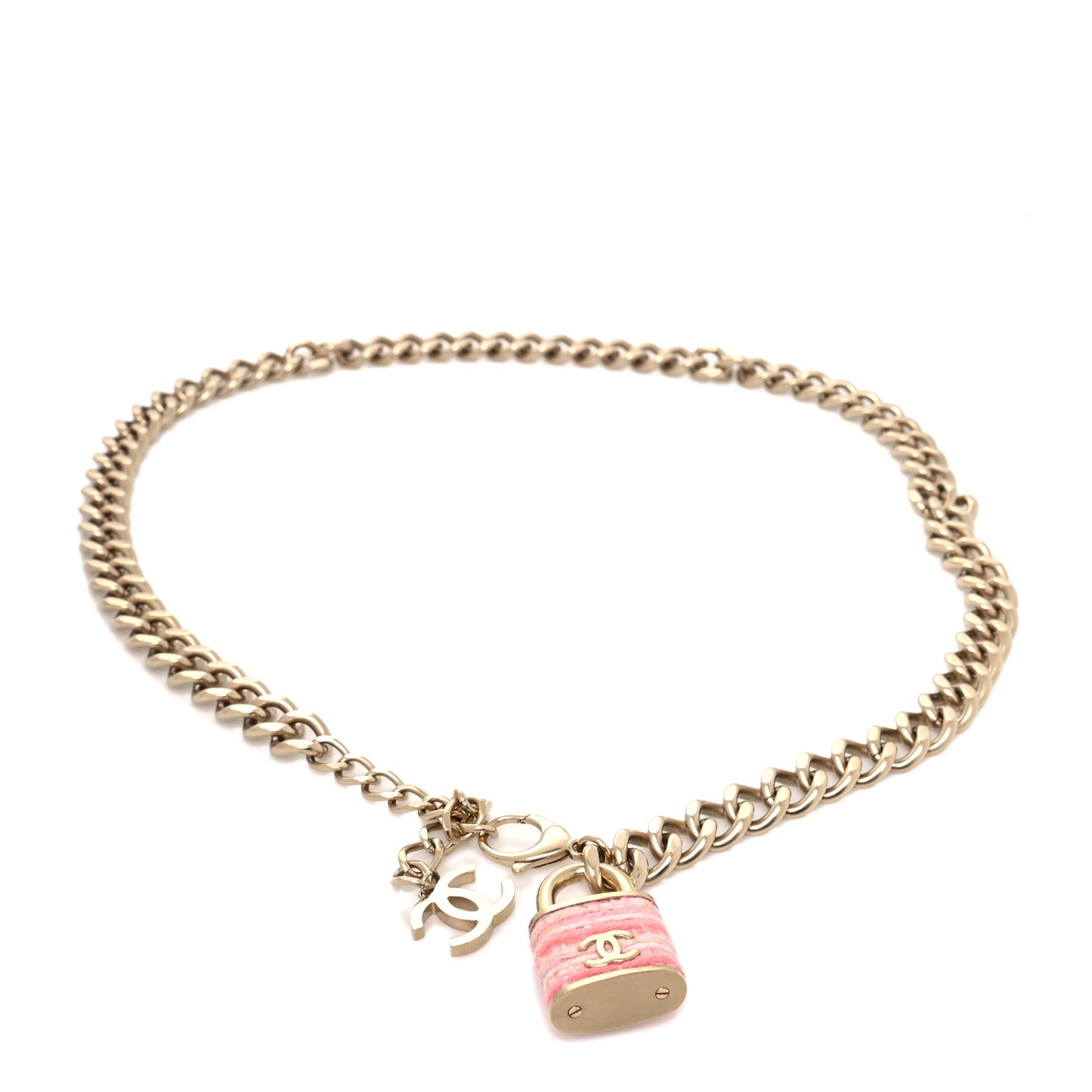 Tweed CC Oversized Padlock Chain Belt Pink Gold