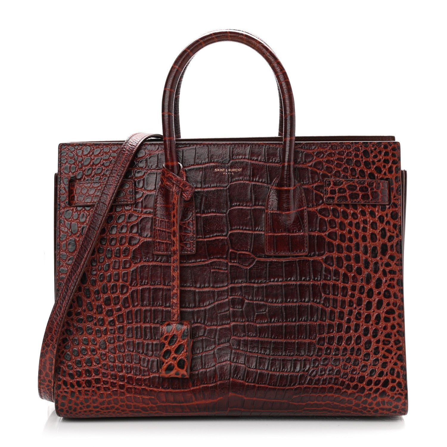 Saint Laurent Calfskin Crocodile Embossed Small Sac de Jour Dark Blood 1 of 13