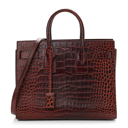 Saint Laurent Calfskin Crocodile Embossed Small Sac de Jour Dark Blood 1 of 13