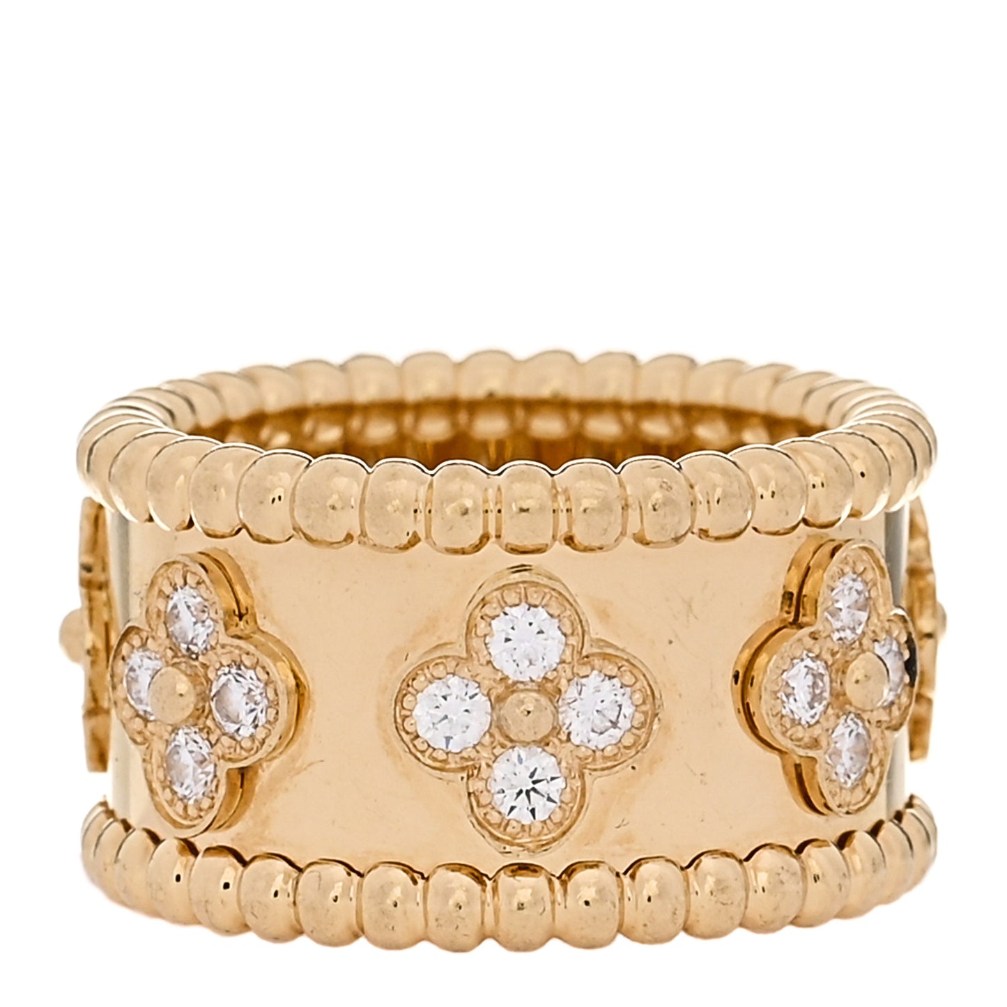 18K Yellow Gold Diamond Perlee Clovers Ring 47 4