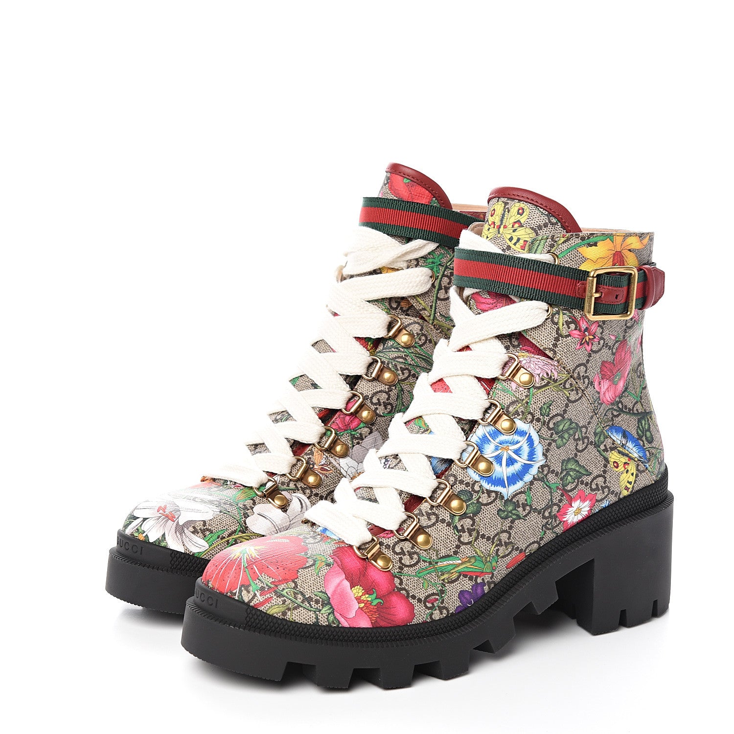 Gucci GG Supreme Monogram Flora Lace Up Combat Ankle Boots 40 Beige Multicolor Red 3 of 8