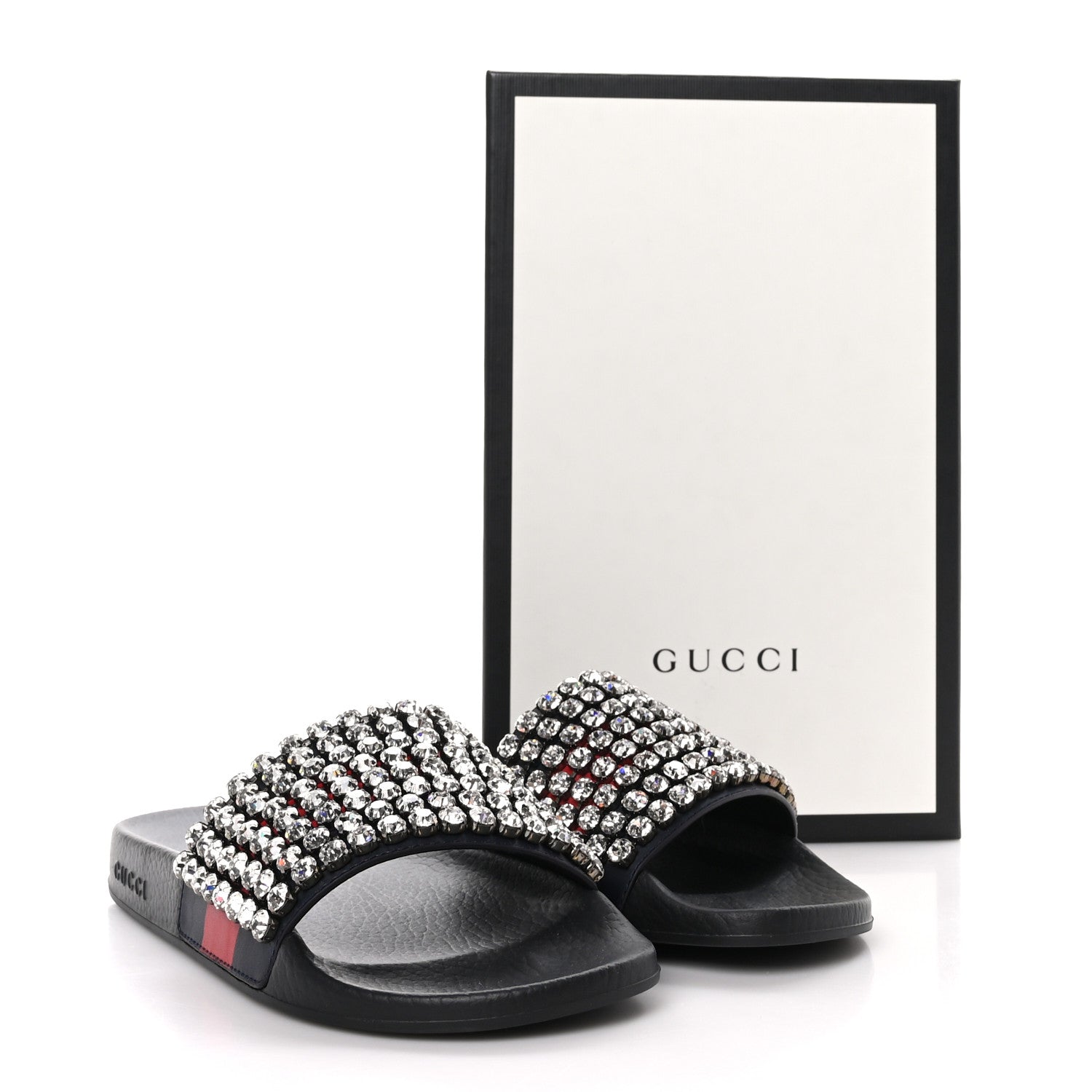 Gucci Calfskin Crystal Embellished Web Slide Sandals 40 Blue Red 8 of 8