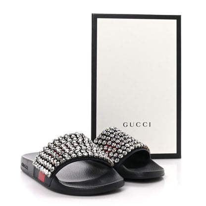Gucci Calfskin Crystal Embellished Web Slide Sandals 40 Blue Red 8 of 8