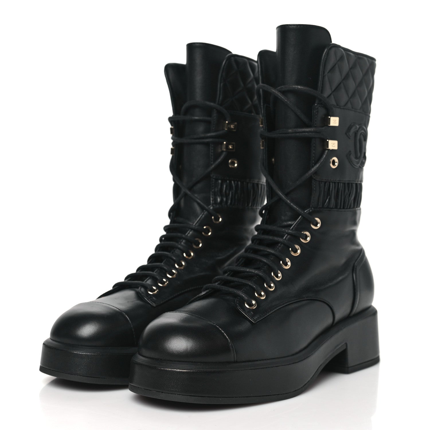 Chanel Lambskin Quilted CC Lace Up Combat Boots 38 Black 3 of 7
