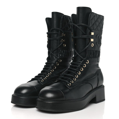 Chanel Lambskin Quilted CC Lace Up Combat Boots 38 Black 3 of 7