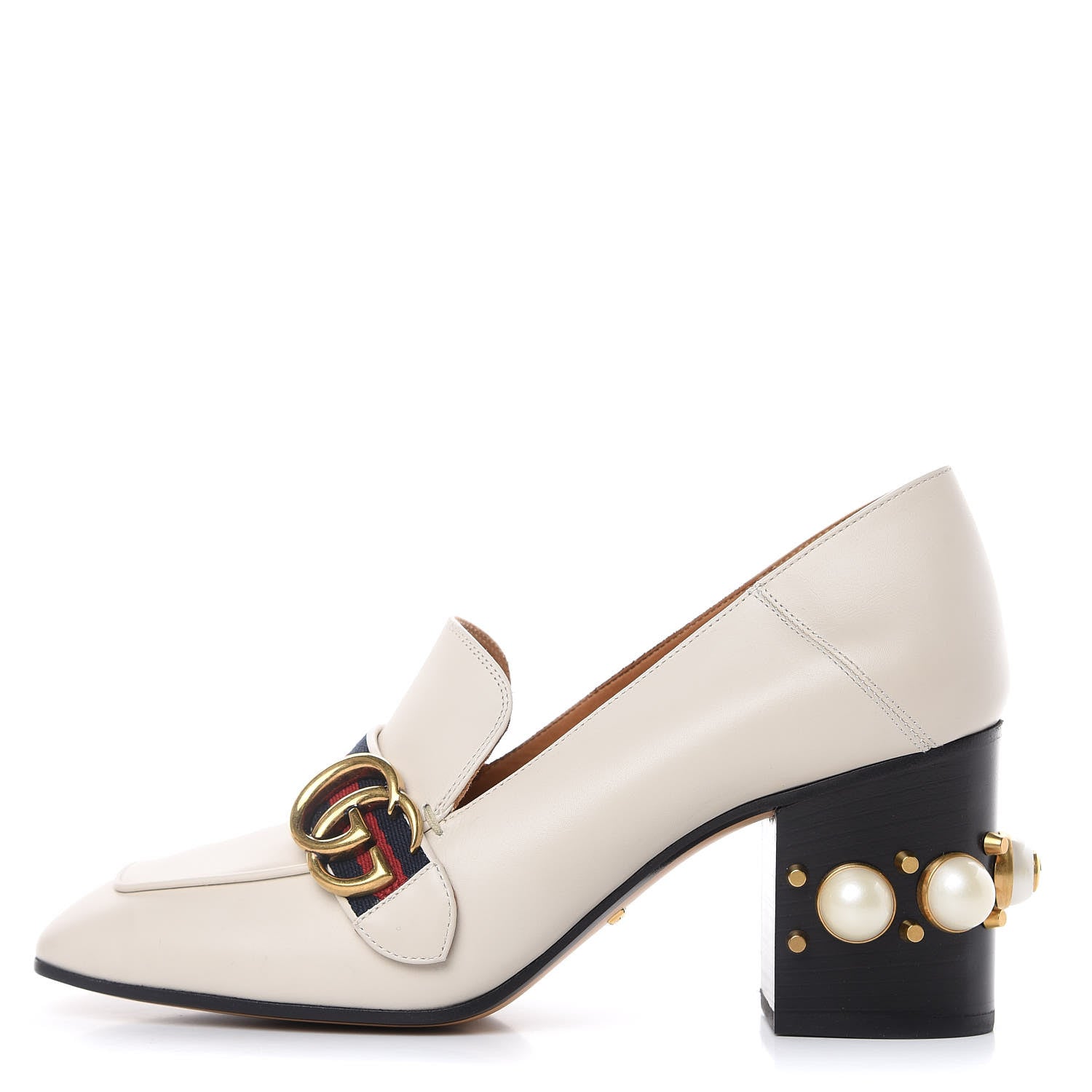 Gucci Betis Glamour Calfskin Web Pearl Embellished Peyton 75mm Loafer Pumps 39 Mystic White 1 of 10