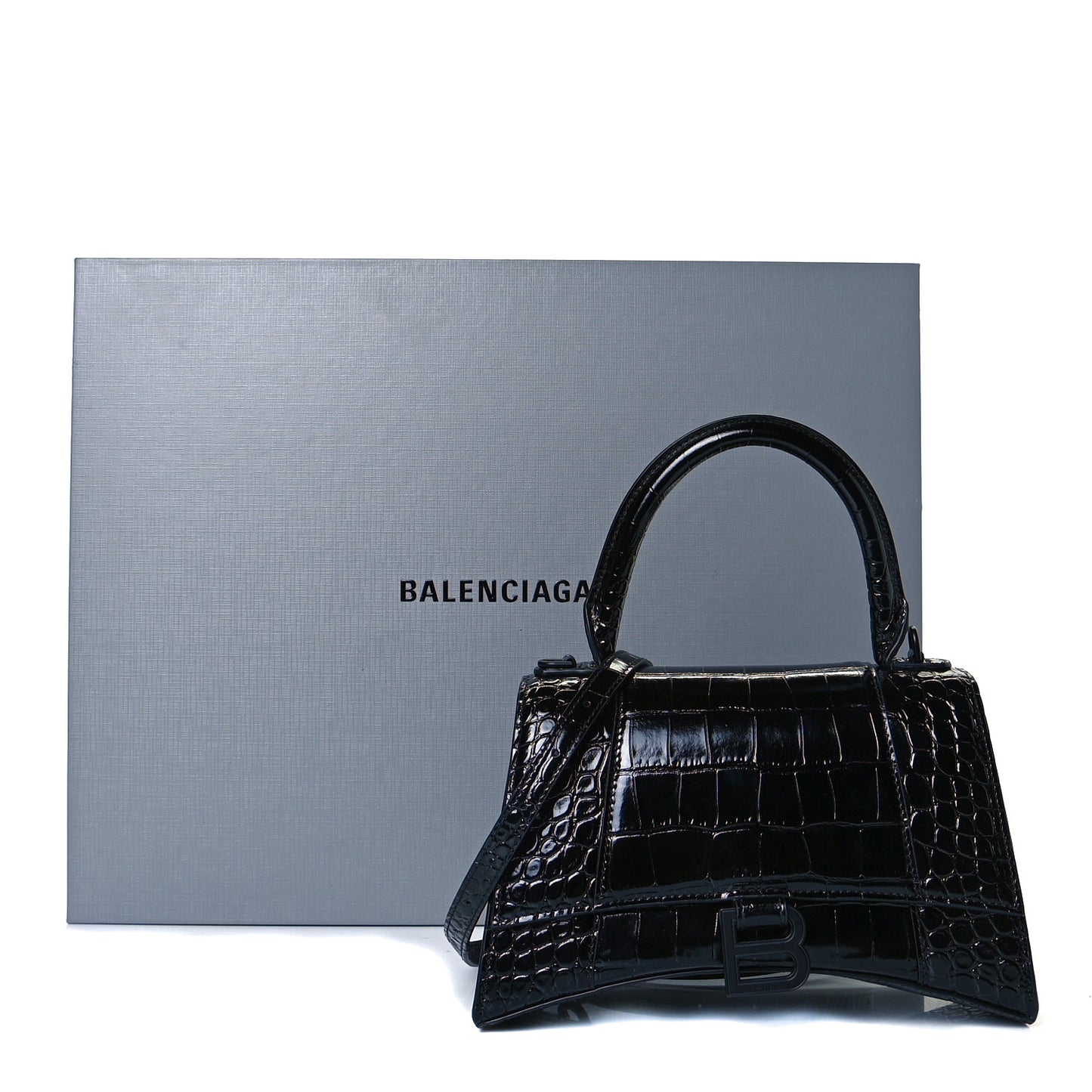 Shiny Calfskin Monochrome Crocodile Embossed Small Hourglass Top Handle Bag Black