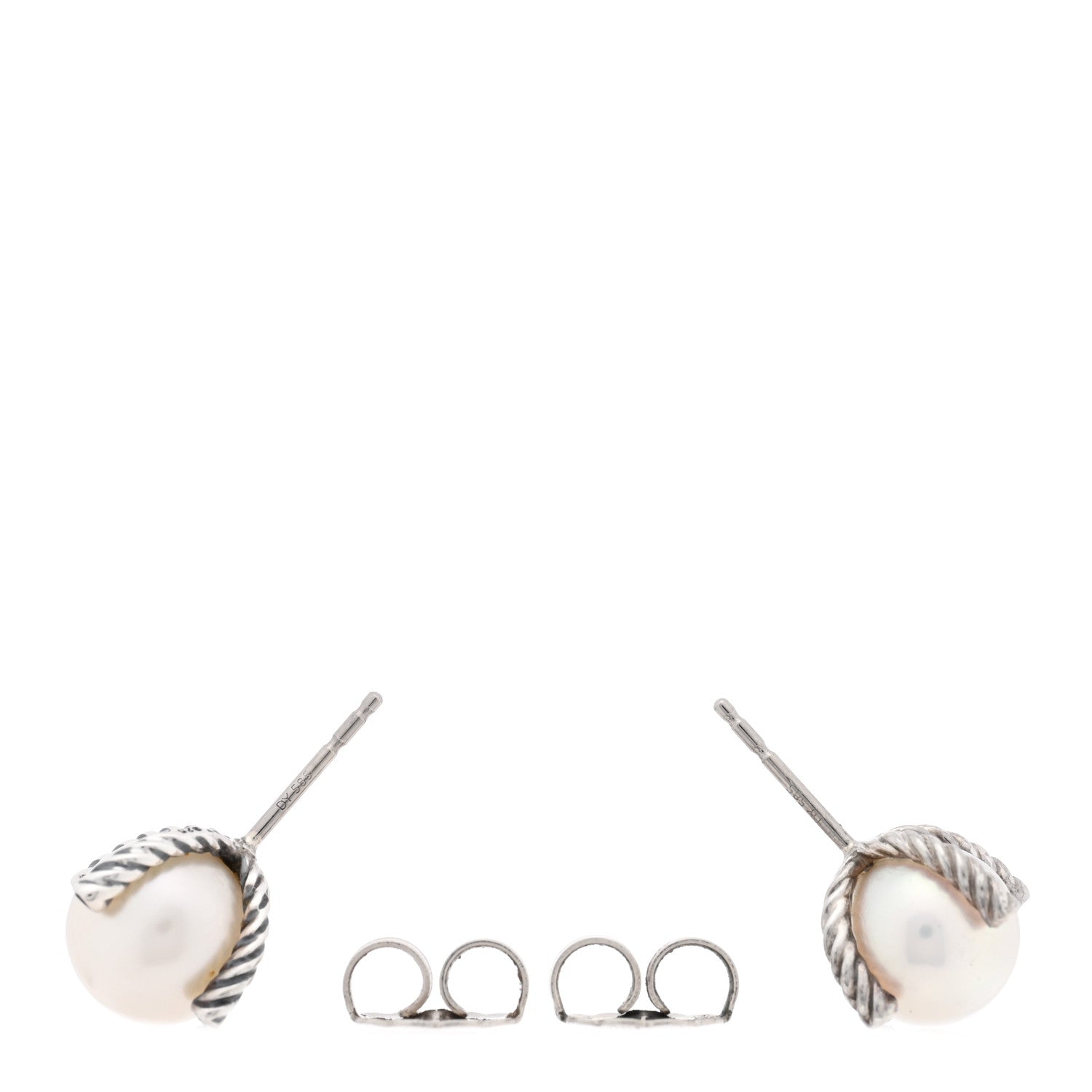 David Yurman Sterling Silver Diamond Pearl 9.5-10mm Cable Stud Earrings 3 of 4