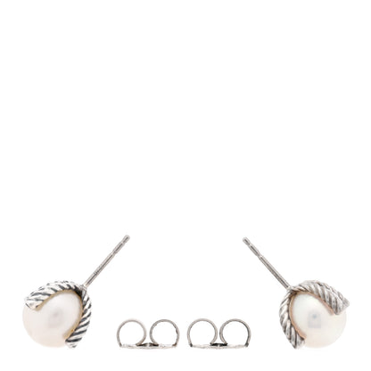 David Yurman Sterling Silver Diamond Pearl 9.5-10mm Cable Stud Earrings 3 of 4