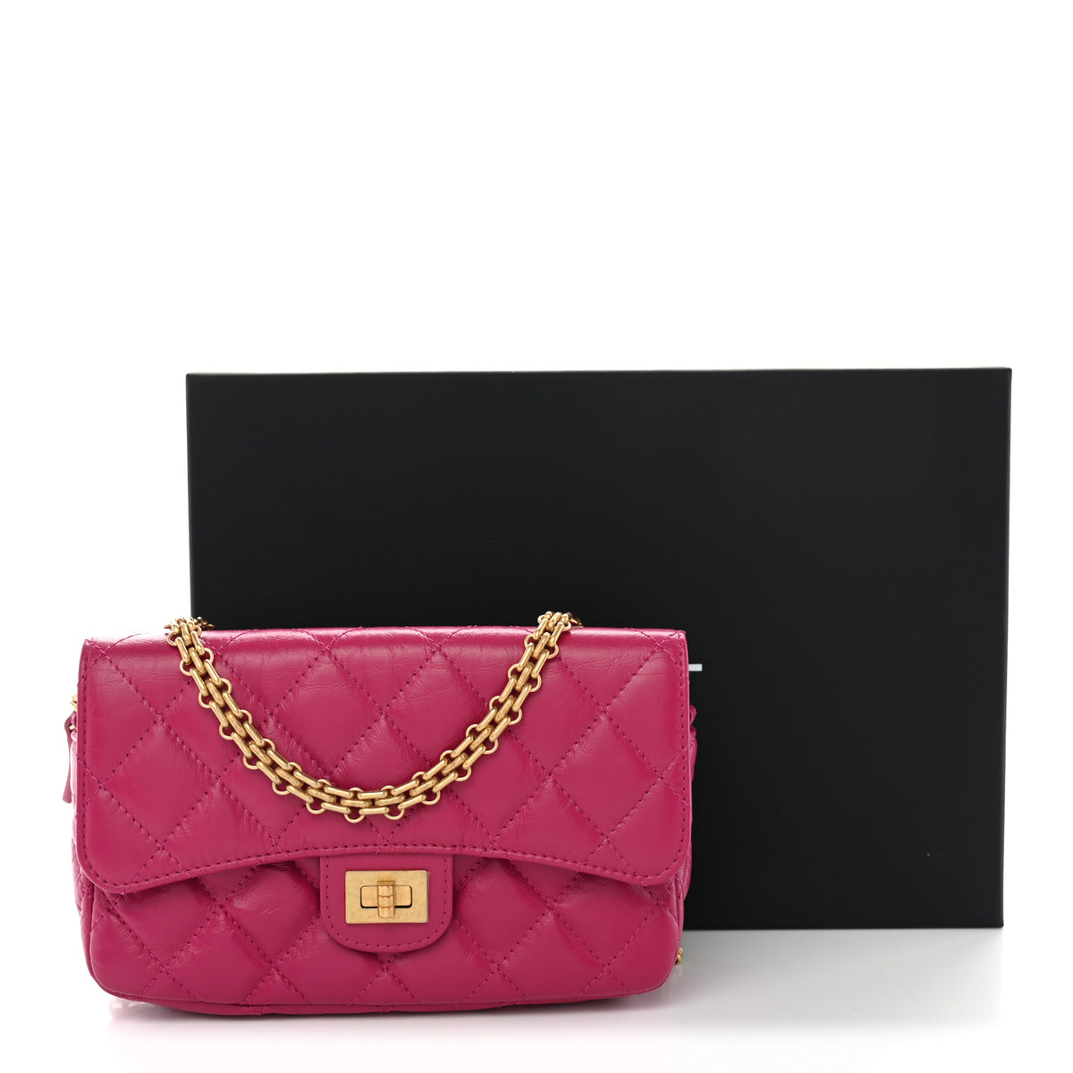 Aged Calfskin Quilted 2.55 Reissue Phone Holder With Chain Fuchsia