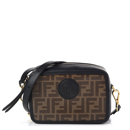 Fendi Glazed Fabric Vitello Century FF 1974 Stamp Patch Mini Camera Case Mogano Panna Black 1 of 12