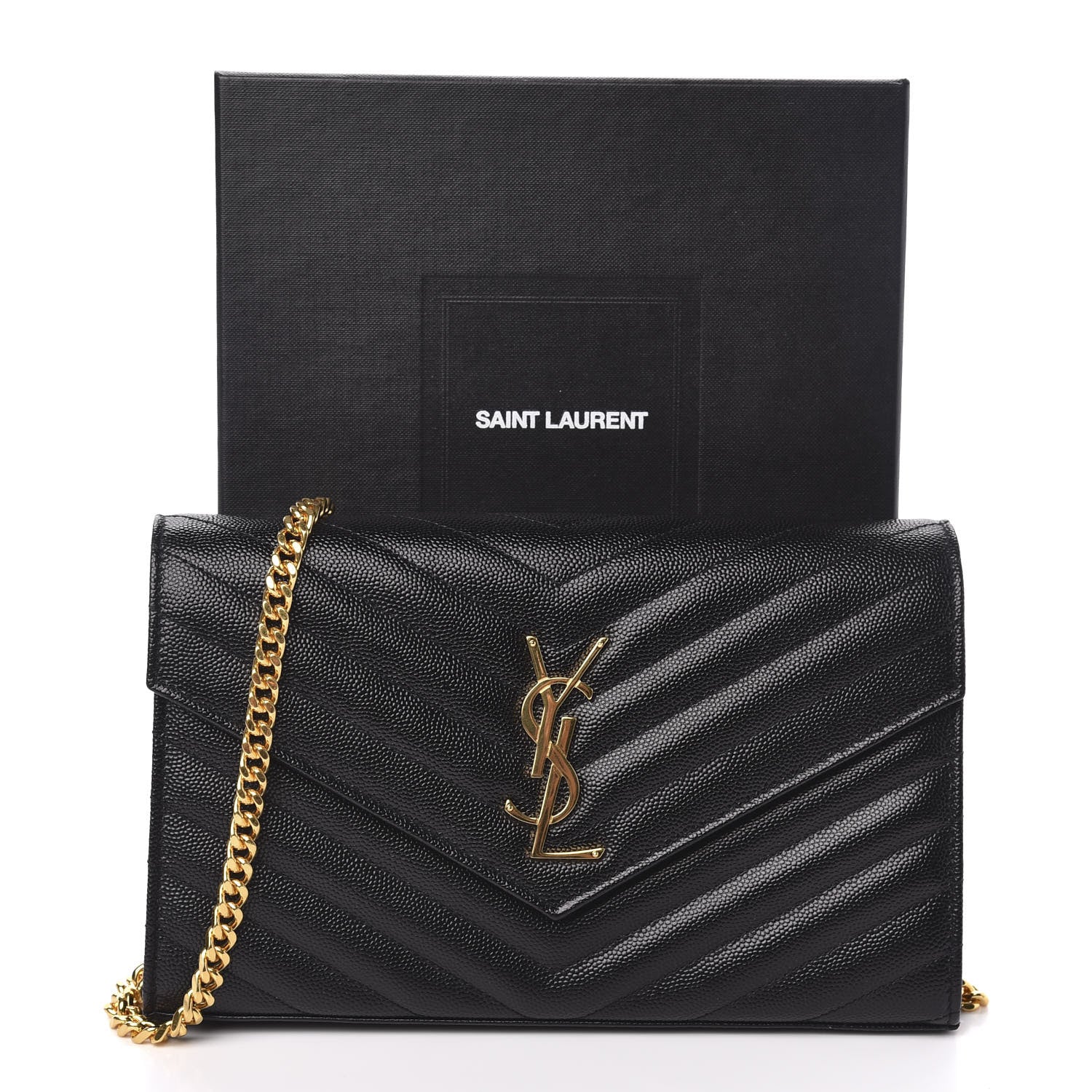 Saint Laurent Grain De Poudre Matelasse Chevron Monogram Chain Wallet Black 10 of 10