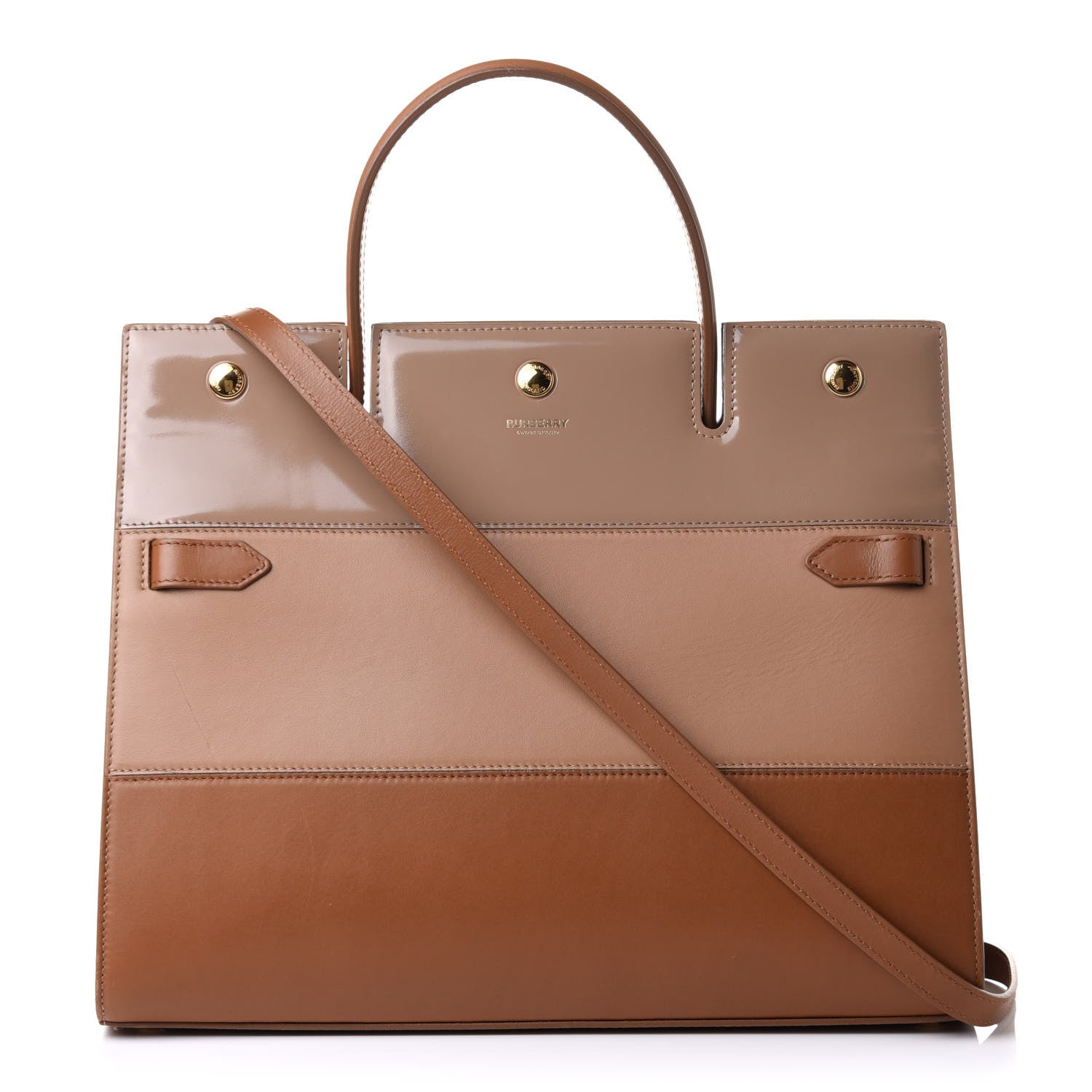 Burberry Patent Smooth Calfskin Paneled Medium Two Handle Title Bag Tan 1 of 10
