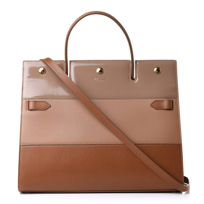 Burberry Patent Smooth Calfskin Paneled Medium Two Handle Title Bag Tan 1 of 10