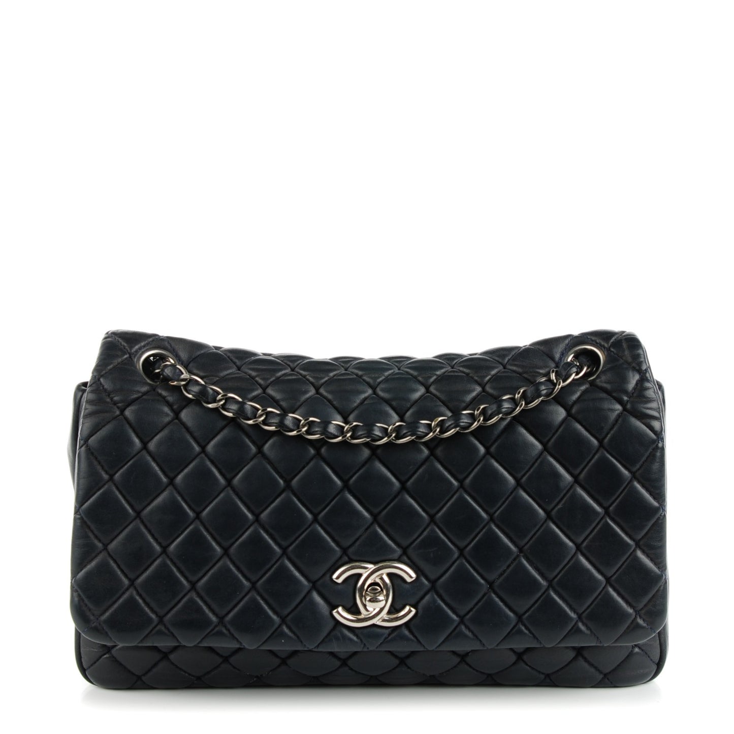 Iridescent Calfskin Quilted Large New Bubble Flap Navy