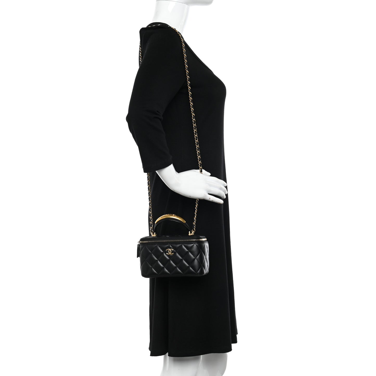 Lambskin Quilted Metal Small Top Handle Vanity Case With Chain Black