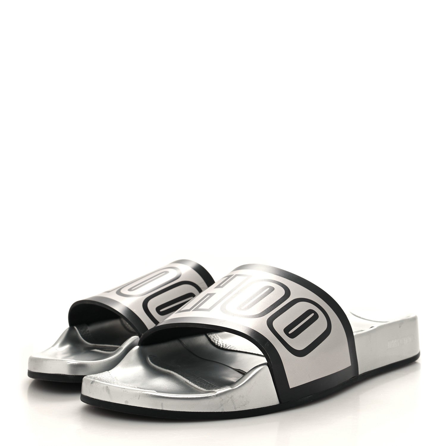 Jimmy Choo Metallic Rubber Logo Rey/F Slide Sandals 39 Silver Black 3 of 7