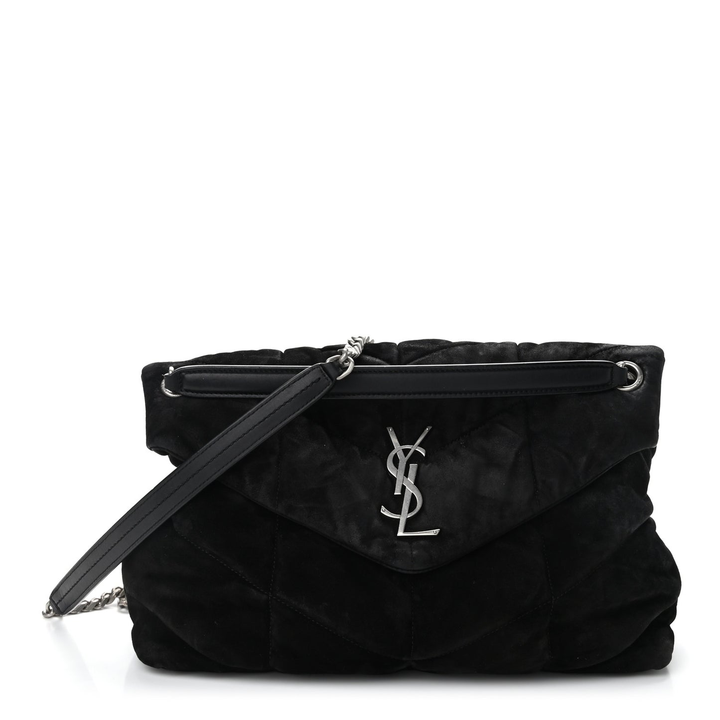 Suede Quilted Medium Loulou Puffer Monogram Chain Satchel Black
