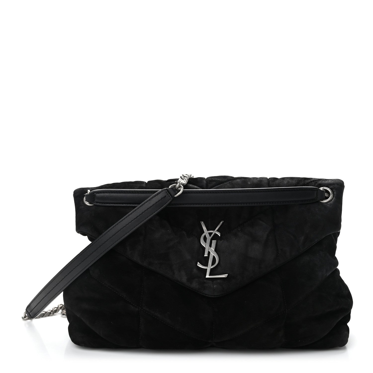 Saint Laurent Suede Quilted Medium Loulou Puffer Monogram Chain Satchel Black 1 of 12