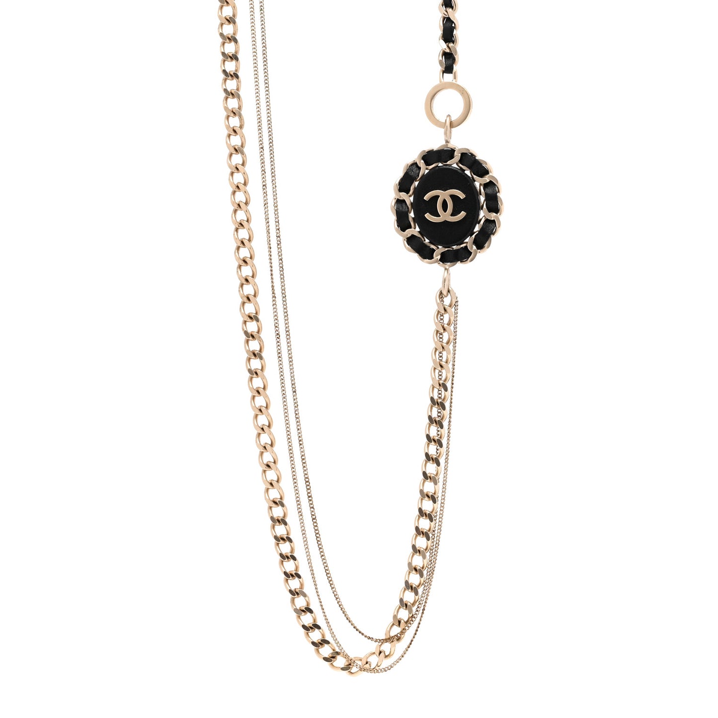 Lambskin CC Long Chain Necklace Black Gold
