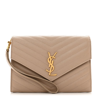 Saint Laurent Grain De Poudre Matelasse Chevron Monogram Envelope Clutch Dark Beige 1 of 8