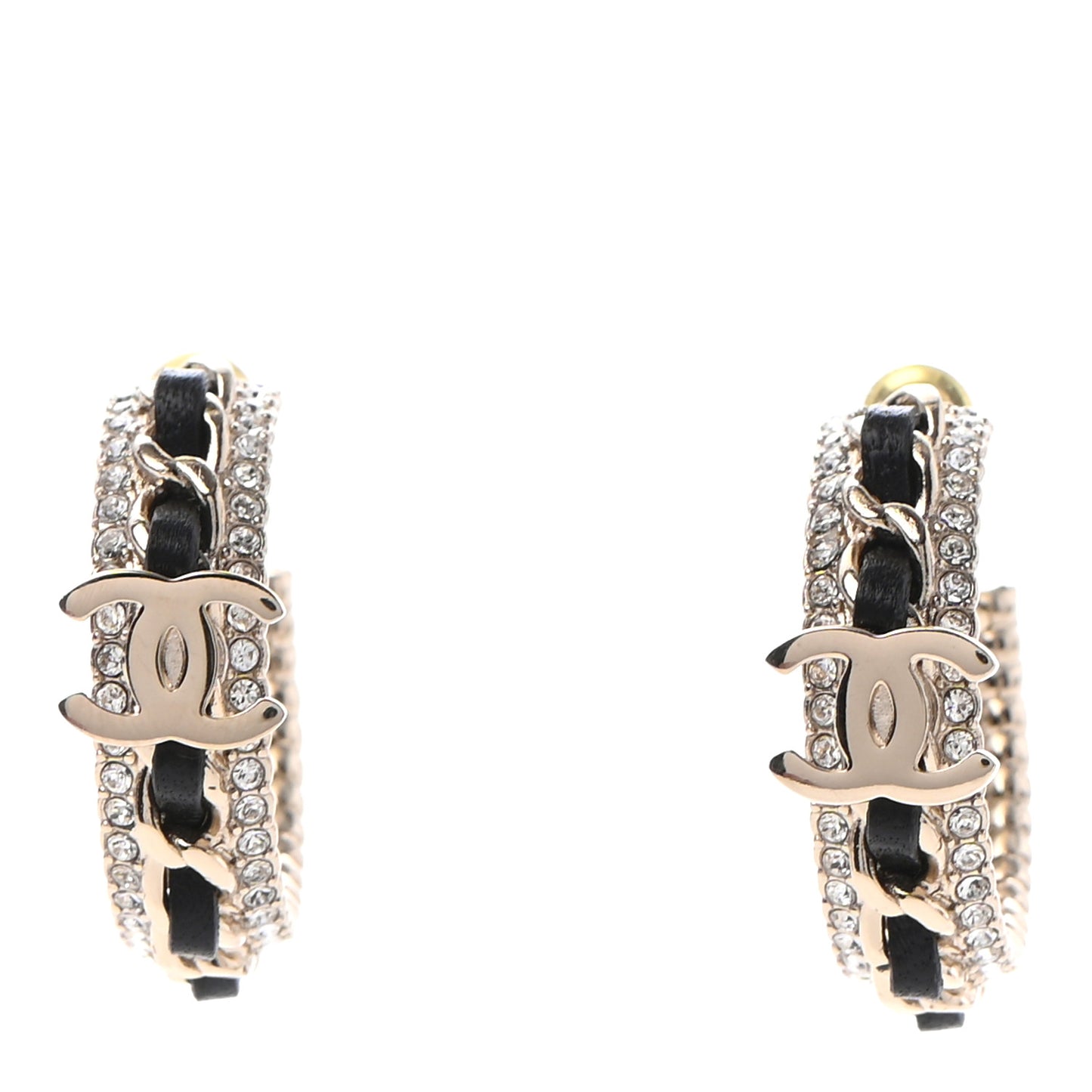 Crystal Lambskin CC Chain Hoop Earrings Gold Black