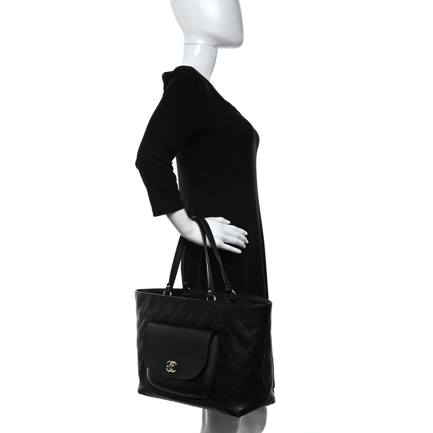 Sheepskin Caviar Quilted Large Shopping Tote Black