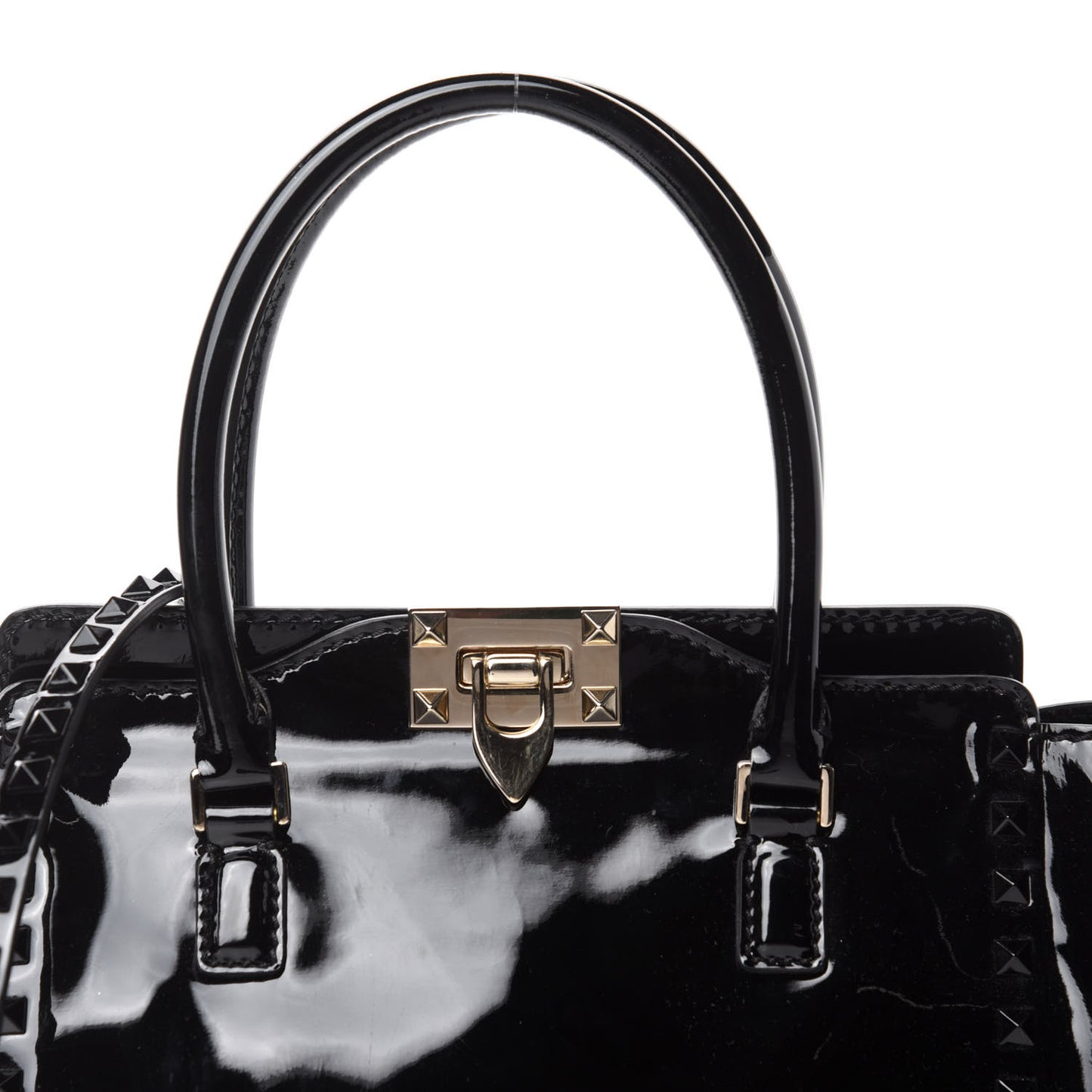 Patent Monochrome Small Rockstud Double Handle Tote Black