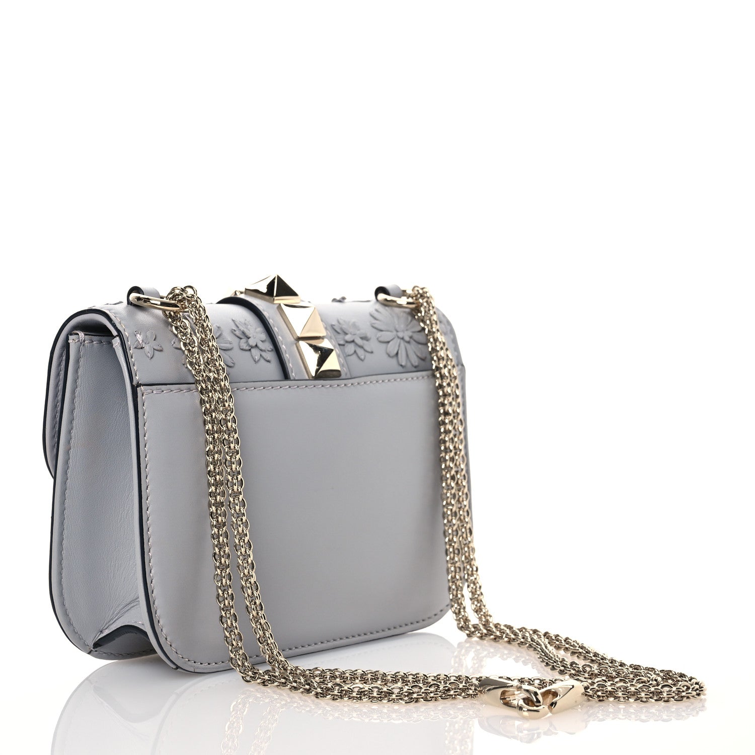 Valentino Garavani Vitello Flower Embellished Small Glam Lock Rockstud Flap Pastel Grey 3 of 14